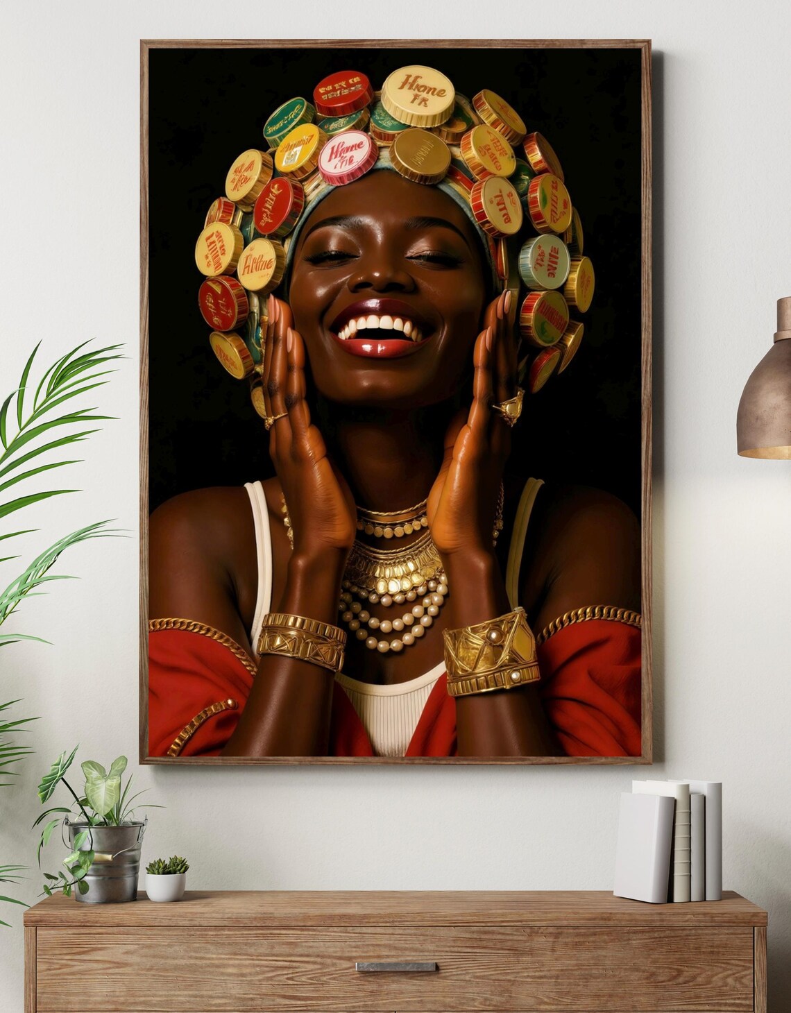 Afro Beauty Bottle Cap Crown Portrait Joyful Black Woman Art Print