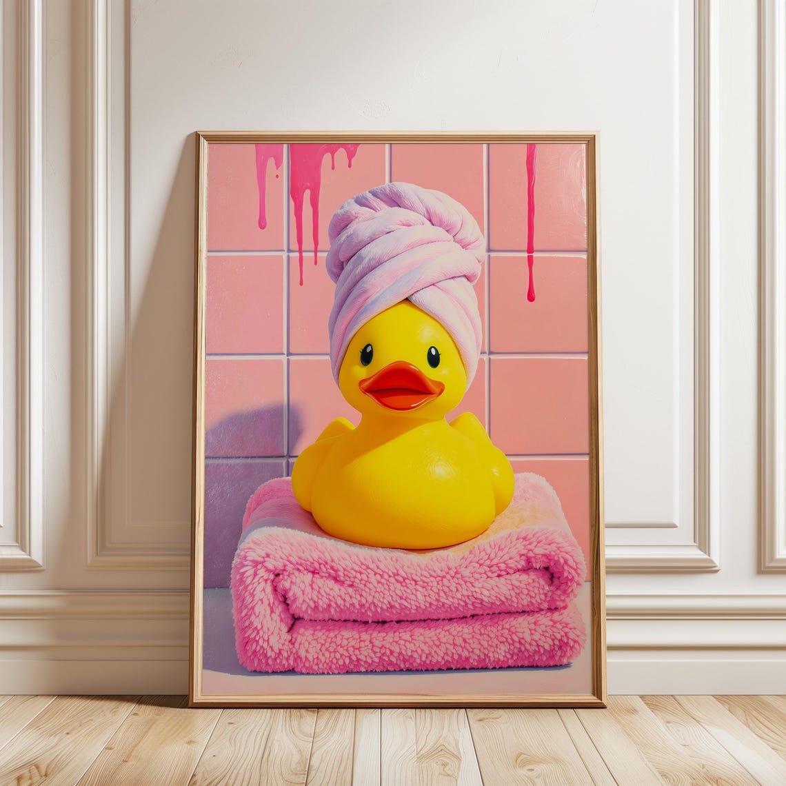Yellow Rubber Duck Pink Towel Turban Quirky Bathroom Pop Art Poster