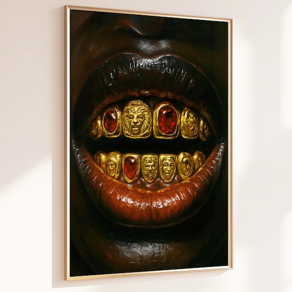 Gold Grillz Lion Teeth Red Gem Lips Close Up Afro Urban Art Poster