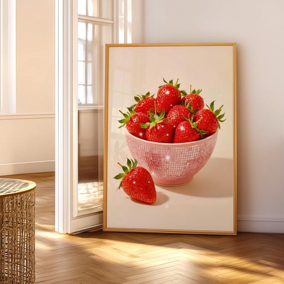 Disco Strawberries Art Print Wall Poster Glam Ball Bowl Of Red Preppy Trendy Dorm Room
