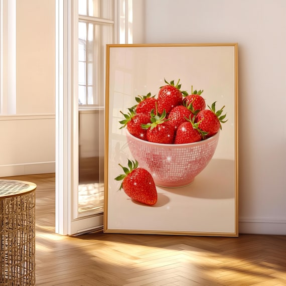 Sparkling Strawberries in Pink Glam Bowl Fresh Fruit Art Poster