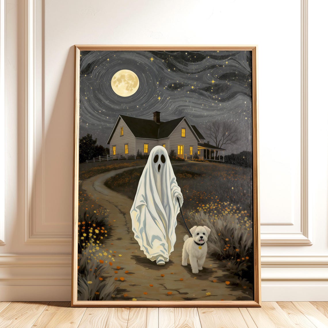 Halloween Ghost Dog Walk Spooky Moonlit Night Farmhouse Art Poster