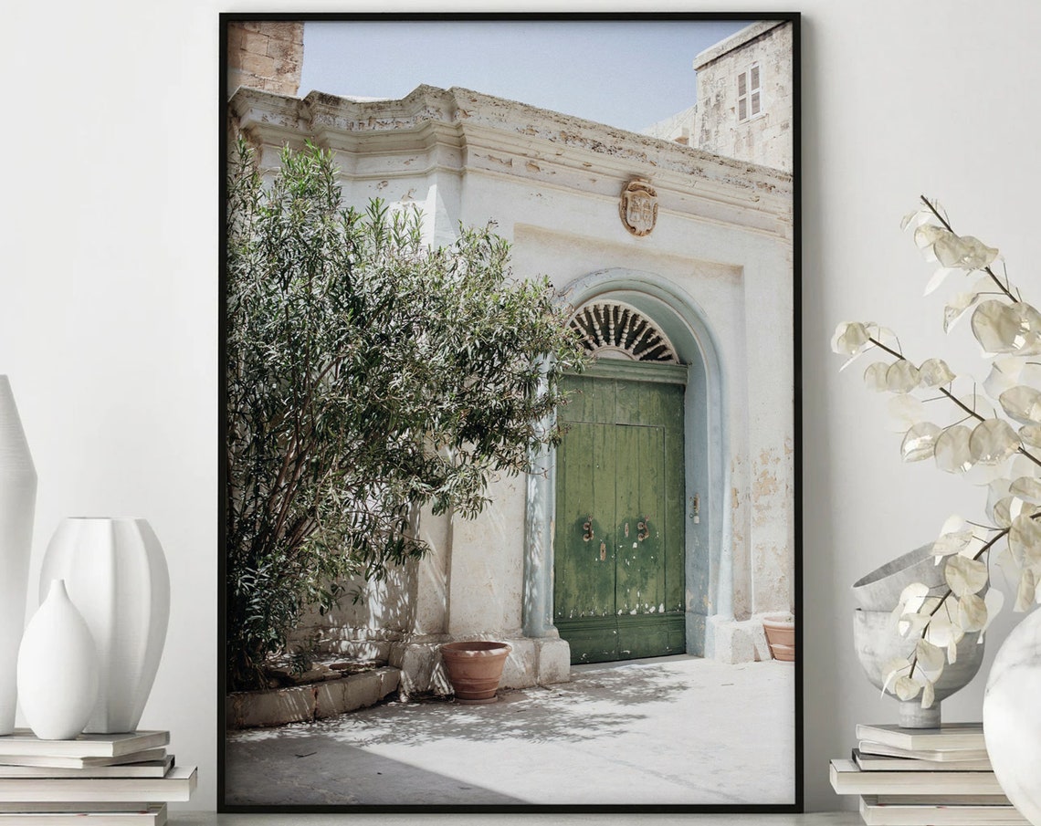 Sunlit Mediterranean Whitewashed Door Green Olive Tree Poster