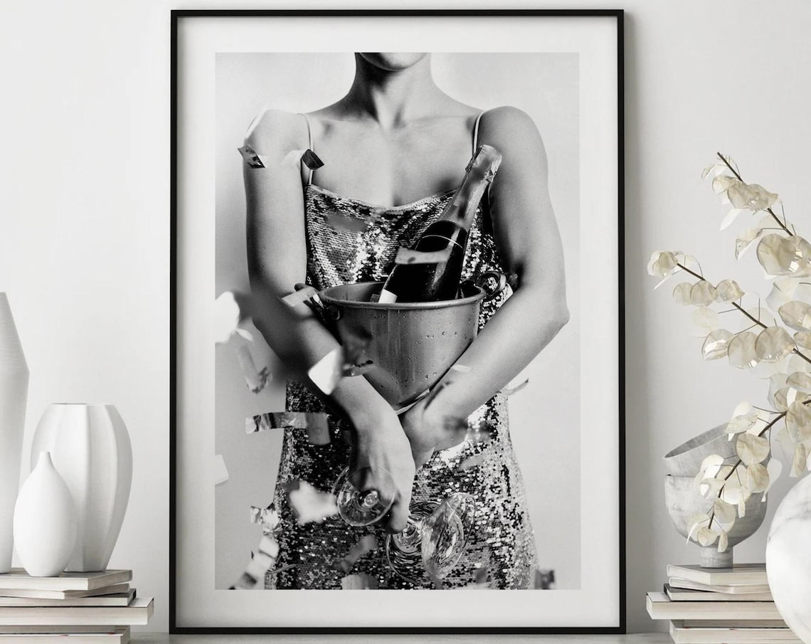 Woman Champagne Bucket Black White Party Photography Glam Poster