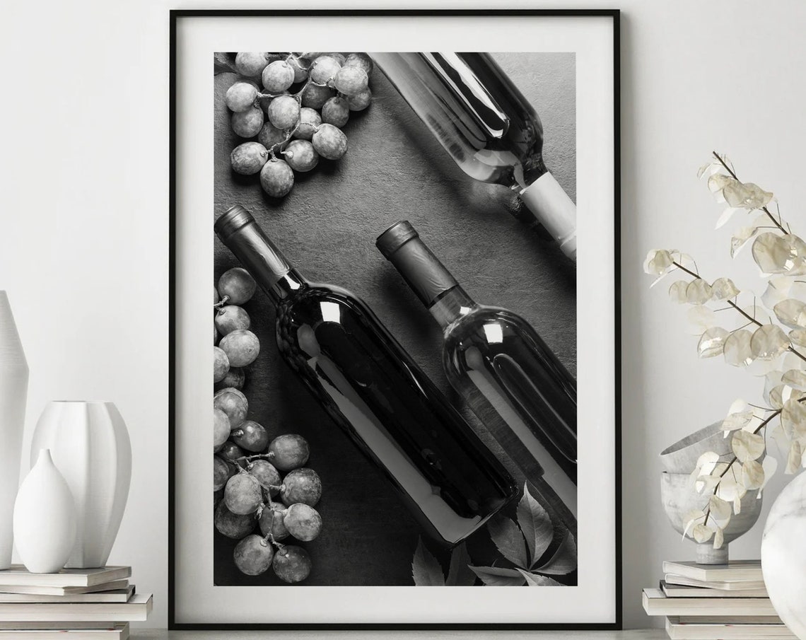 Three Wine Bottles Grapes Black White Vineyard Still Photo Poster