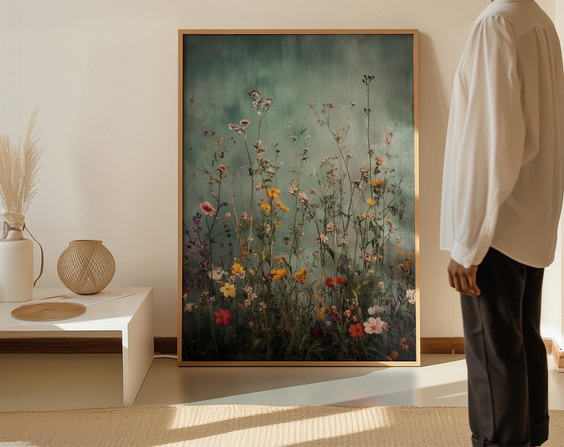 Wildflower Meadow Teal Botanical Painting Colorful Art Poster