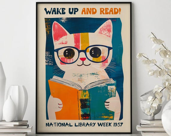 Cat Reading Poster Wake Up And Read National Library Wall Art Cute Cat Print Wall Decor Reading Art Print 2