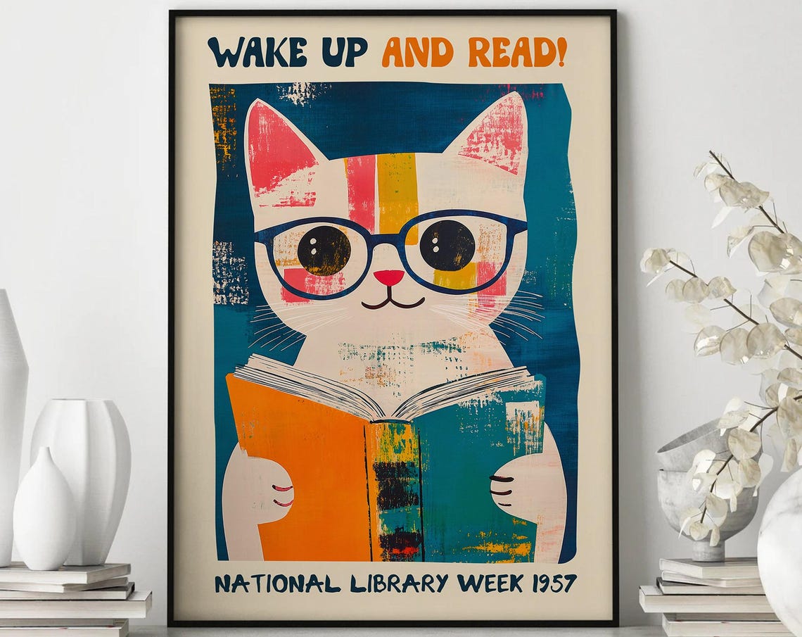 Wake Up And Read Cat National Library Week 1957 Retro Poster