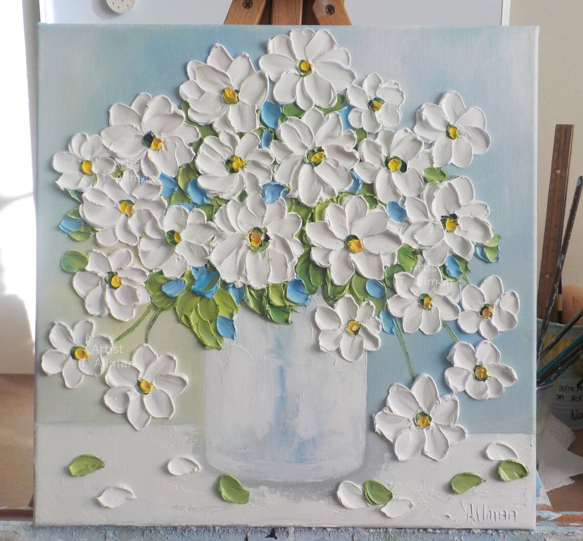 White Daisy Still Life Oil Painting, Custom Wall Art Print - Image 2