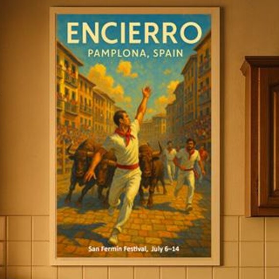 Encierro Pamplona Spain Running of the Bulls San Fermin Festival Poster