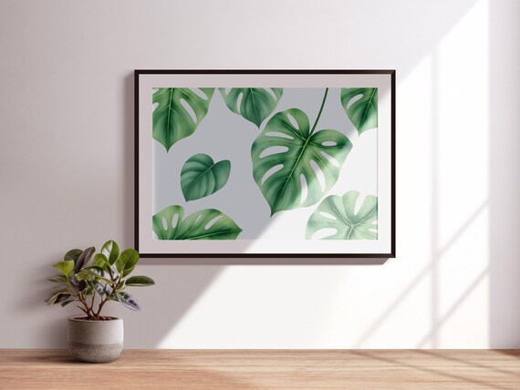 Watercolor Monstera Leaf Print Tropical Green Wall Art