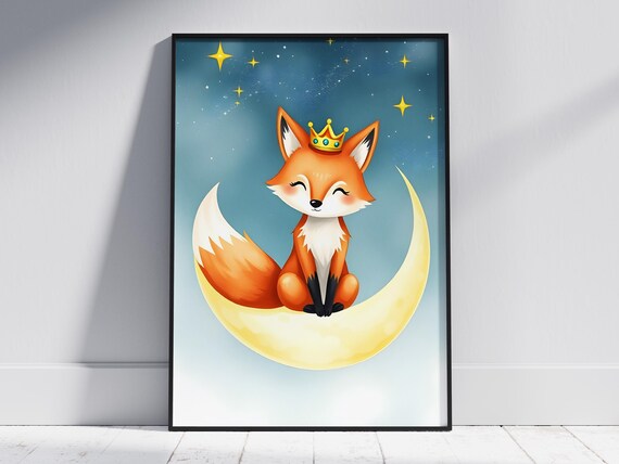 Crowned Fox On Crescent Moon Starry Night Nursery Art Poster