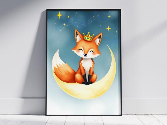 Princess Fox Moon Print Watercolor Nursery Art