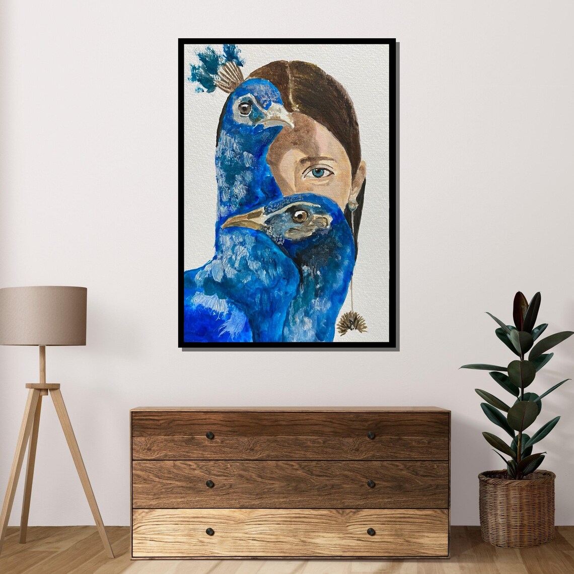 Peacock And Woman Portrait Blue Watercolor Fusion Wall Art Poster - Image 4