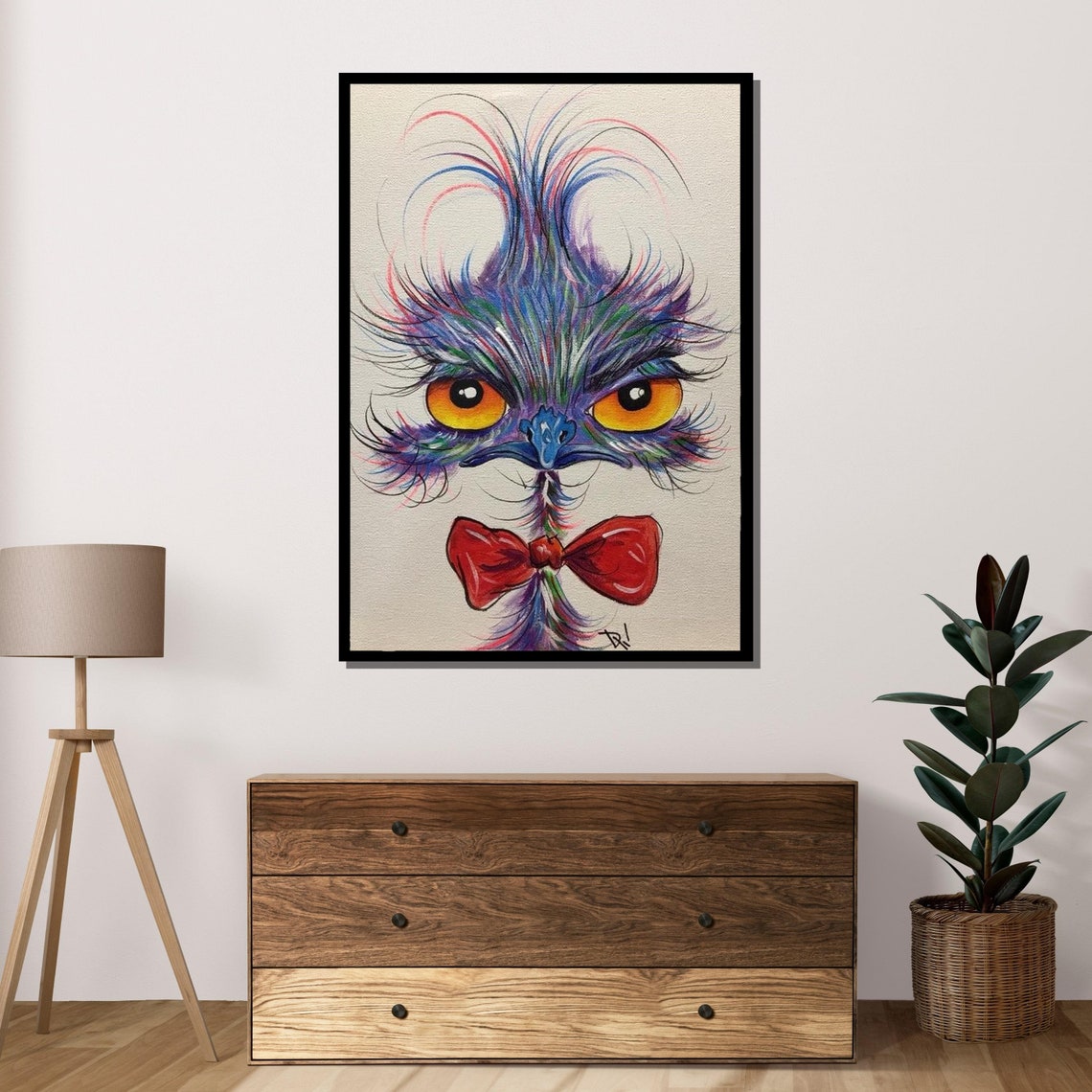 Quirky Ostrich With Red Bow Tie Colorful Bird Portrait Wall Poster - Image 4
