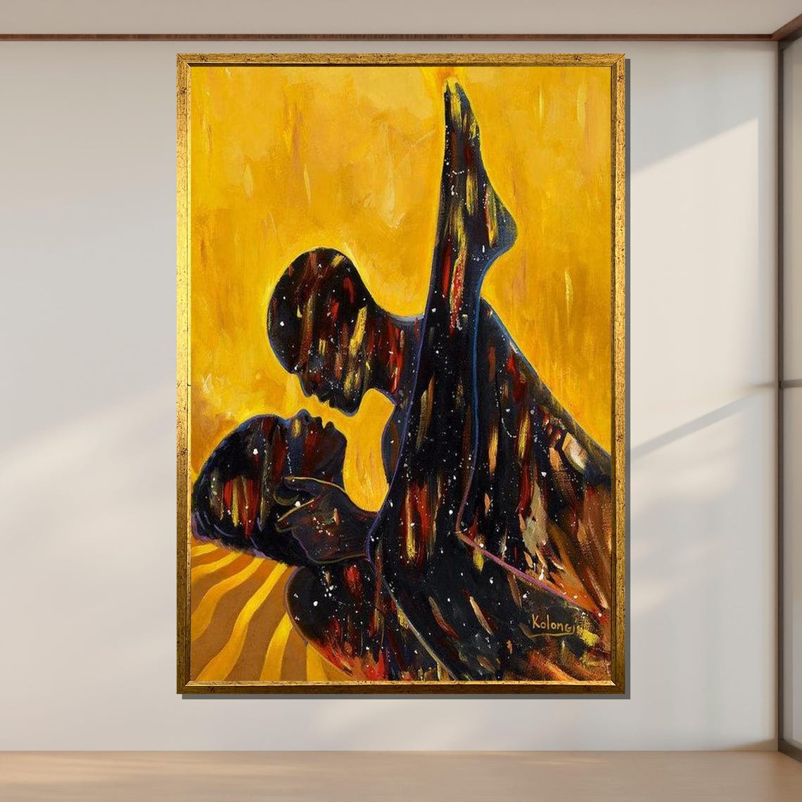 Cosmic Lovers Embrace Golden Yellow Abstract Couple Silhouette Poster