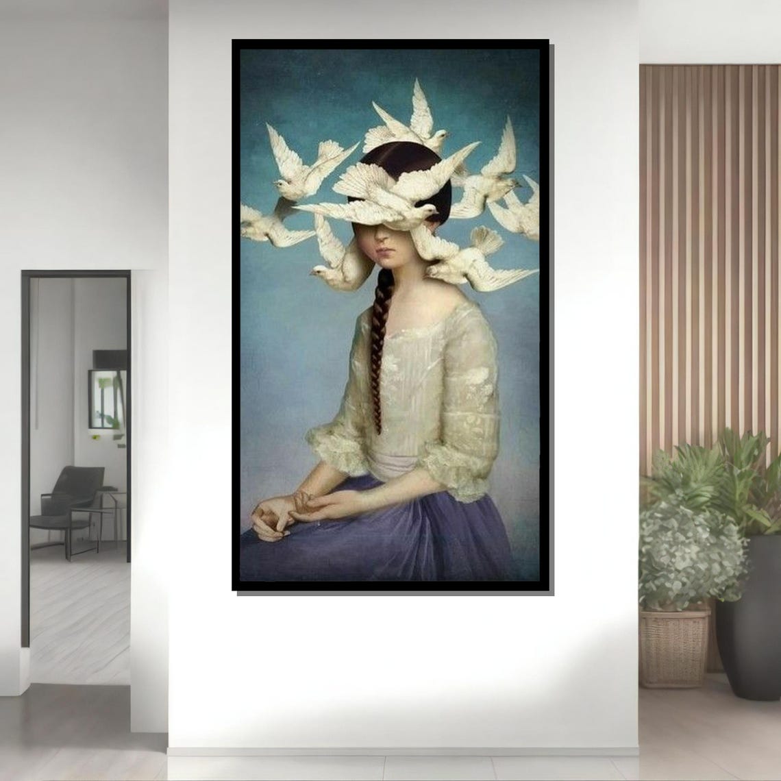 Girl With Doves Surreal White Bird Portrait Whimsical Art Print