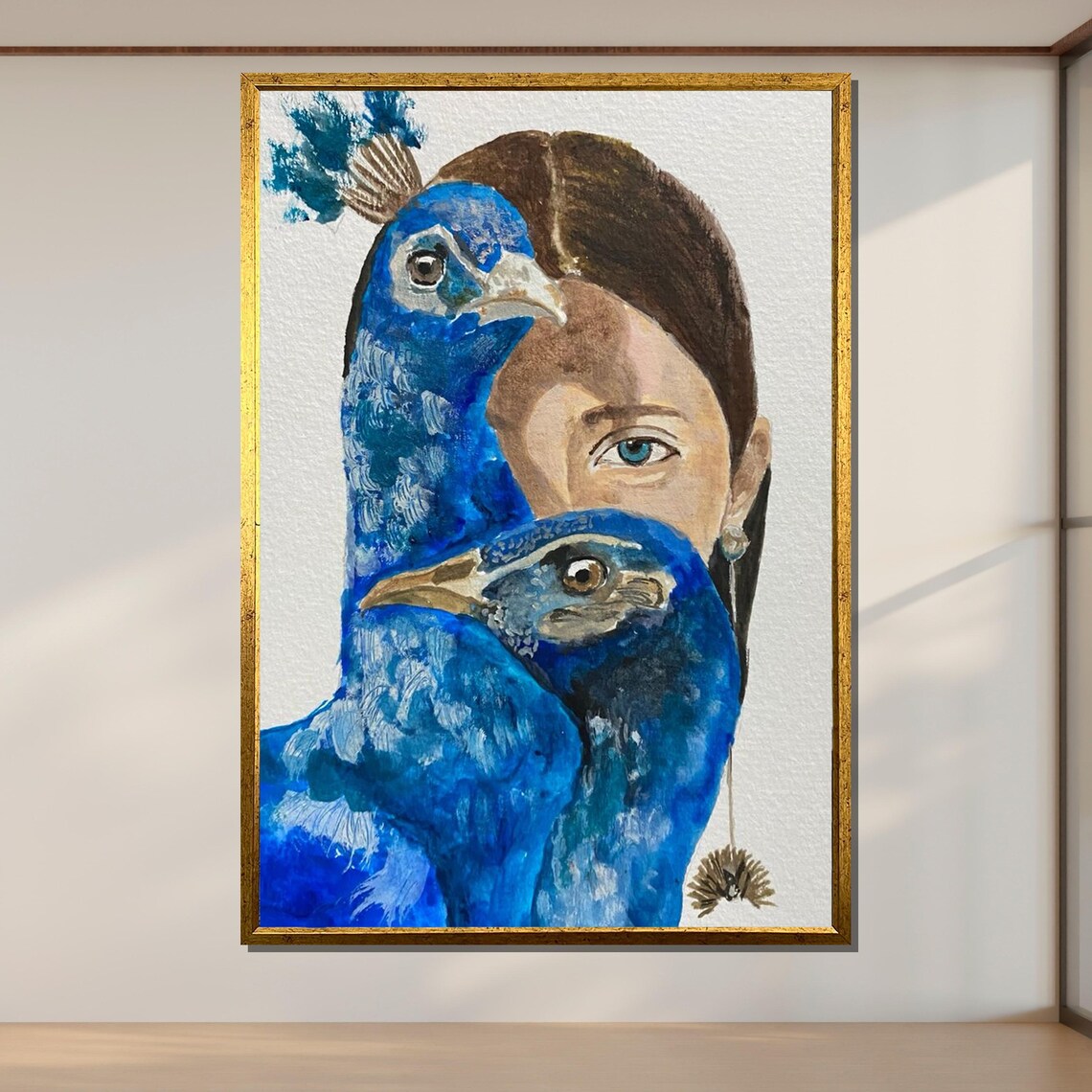 Peacock And Woman Portrait Blue Watercolor Fusion Wall Art Poster