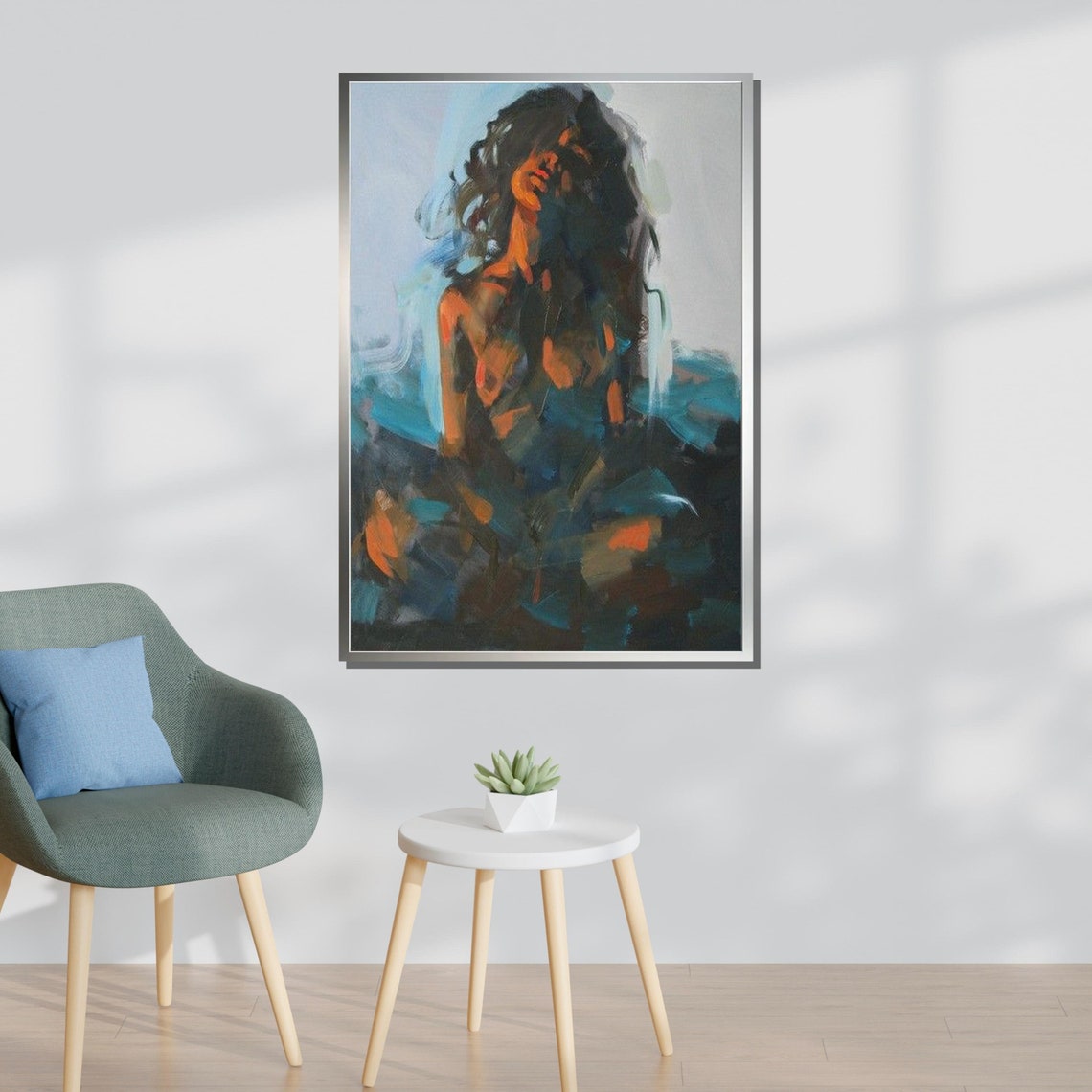 Abstract Woman Silhouette Modern Nude Art Teal Blue Painting Poster - Image 3