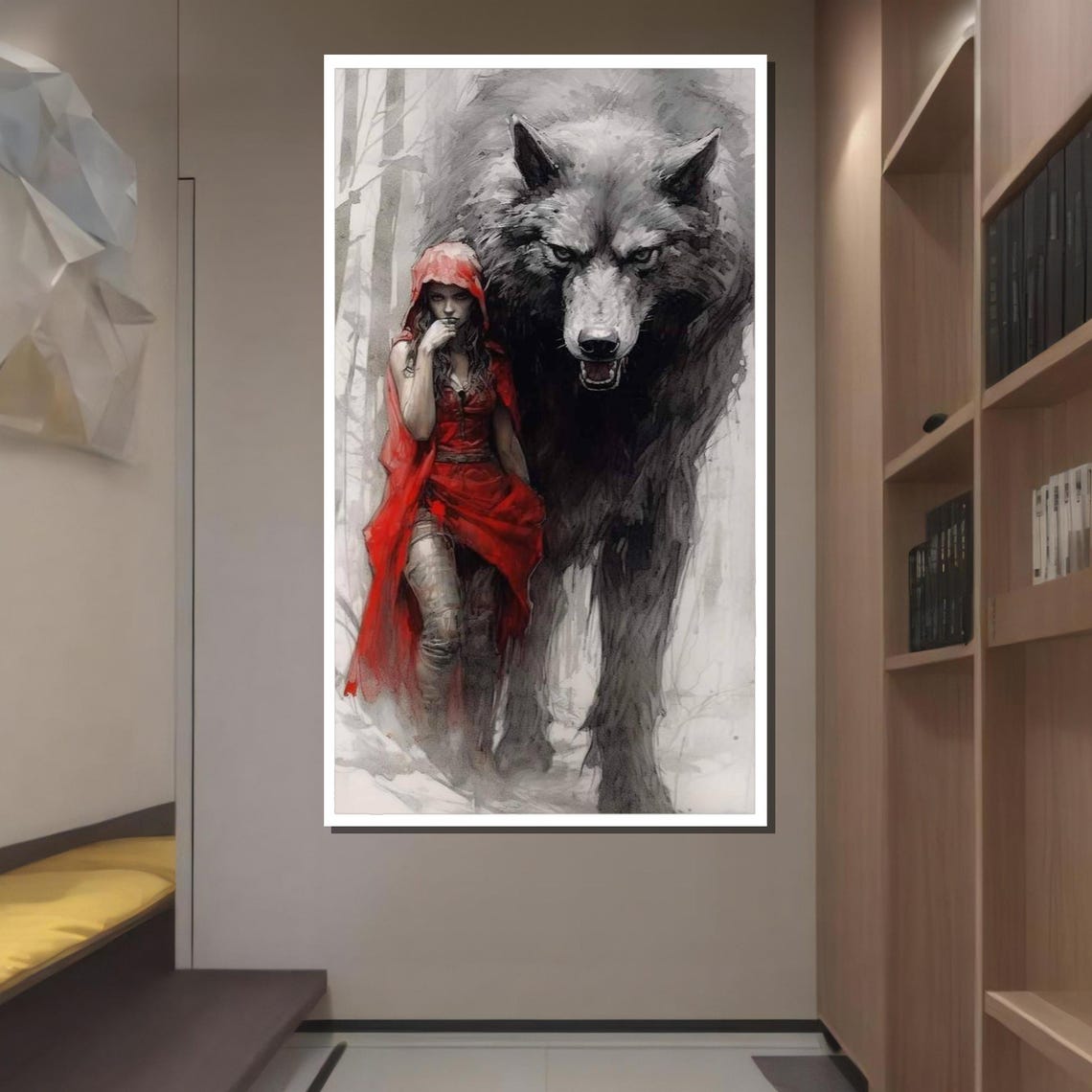 Red Riding Hood and Giant Wolf Snowy Forest Dark Fairytale Art Poster - Image 2