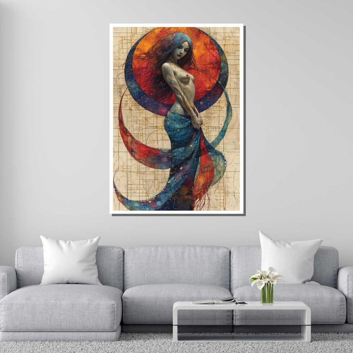 Ethereal Cosmic Goddess Swirling Red Blue Fabric Moon Dream Poster - Image 2