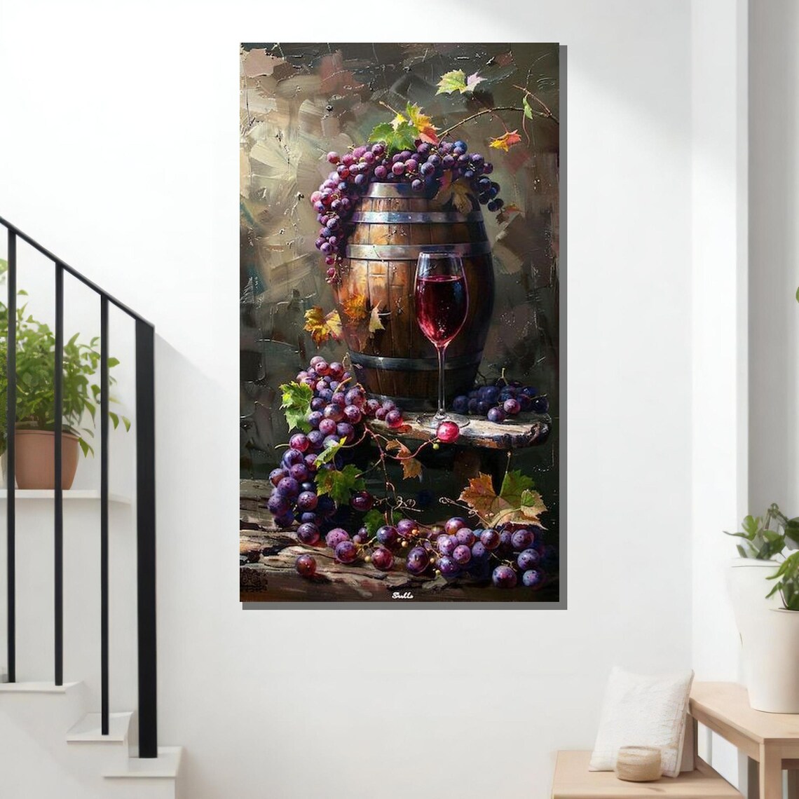 Wine Barrel Still Life Red Grapes Glass Rustic Vineyard Art Wall Poster - Image 3