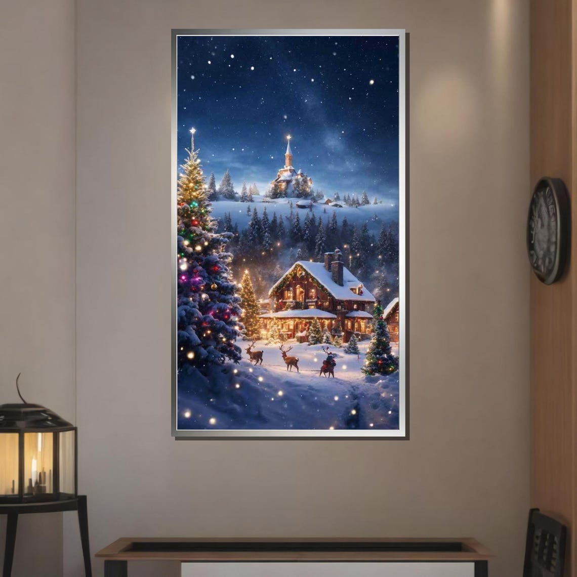 Cozy Christmas Village Winter Night Snowy Cabins Holiday Art Poster - Image 3