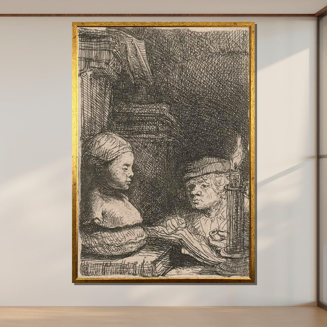 Classic Old Master Scholar With Bust Etching Baroque Candlelight Print