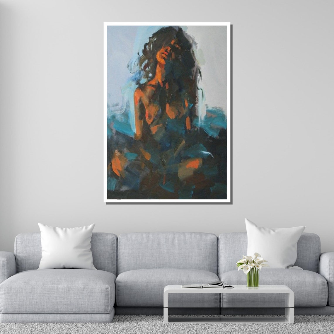 Abstract Woman Silhouette Modern Nude Art Teal Blue Painting Poster - Image 2