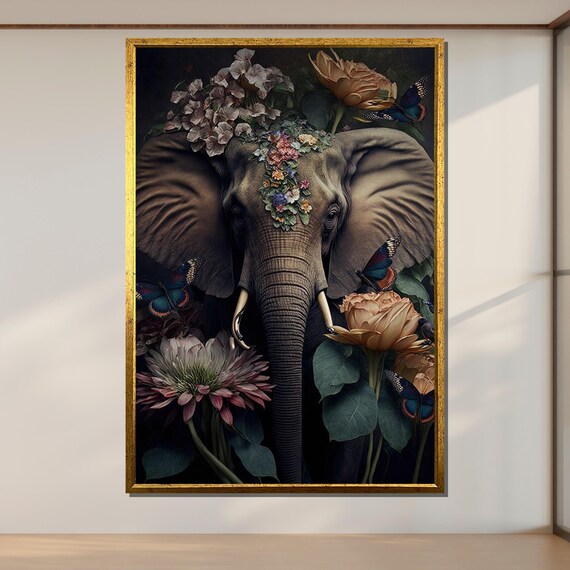 Floral Elephant Portrait Dark Botanical Wildlife Wall Art Poster