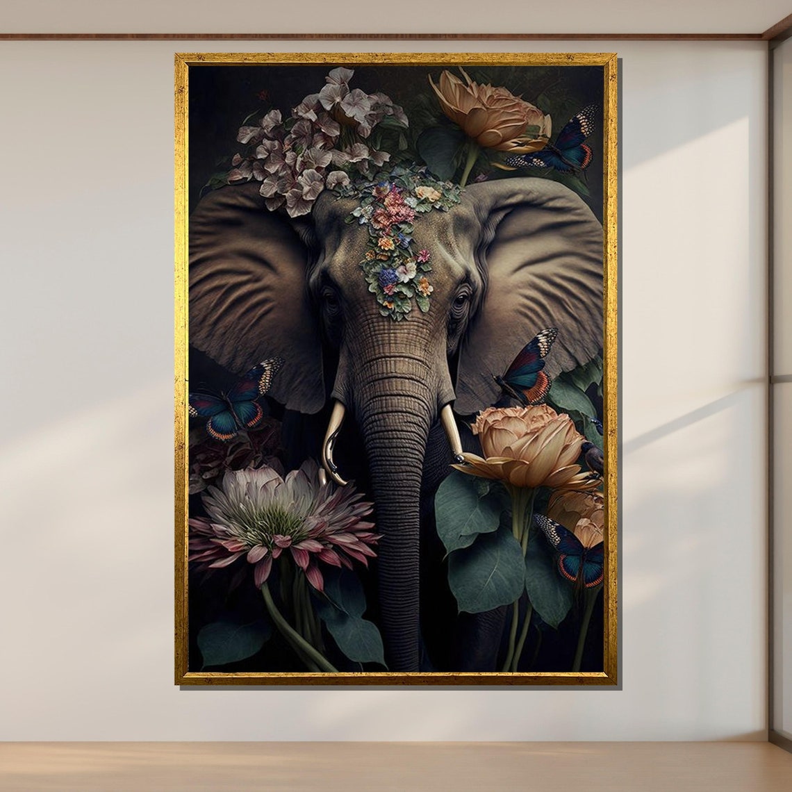 Floral Elephant Portrait Dark Botanical Wildlife Wall Art Poster