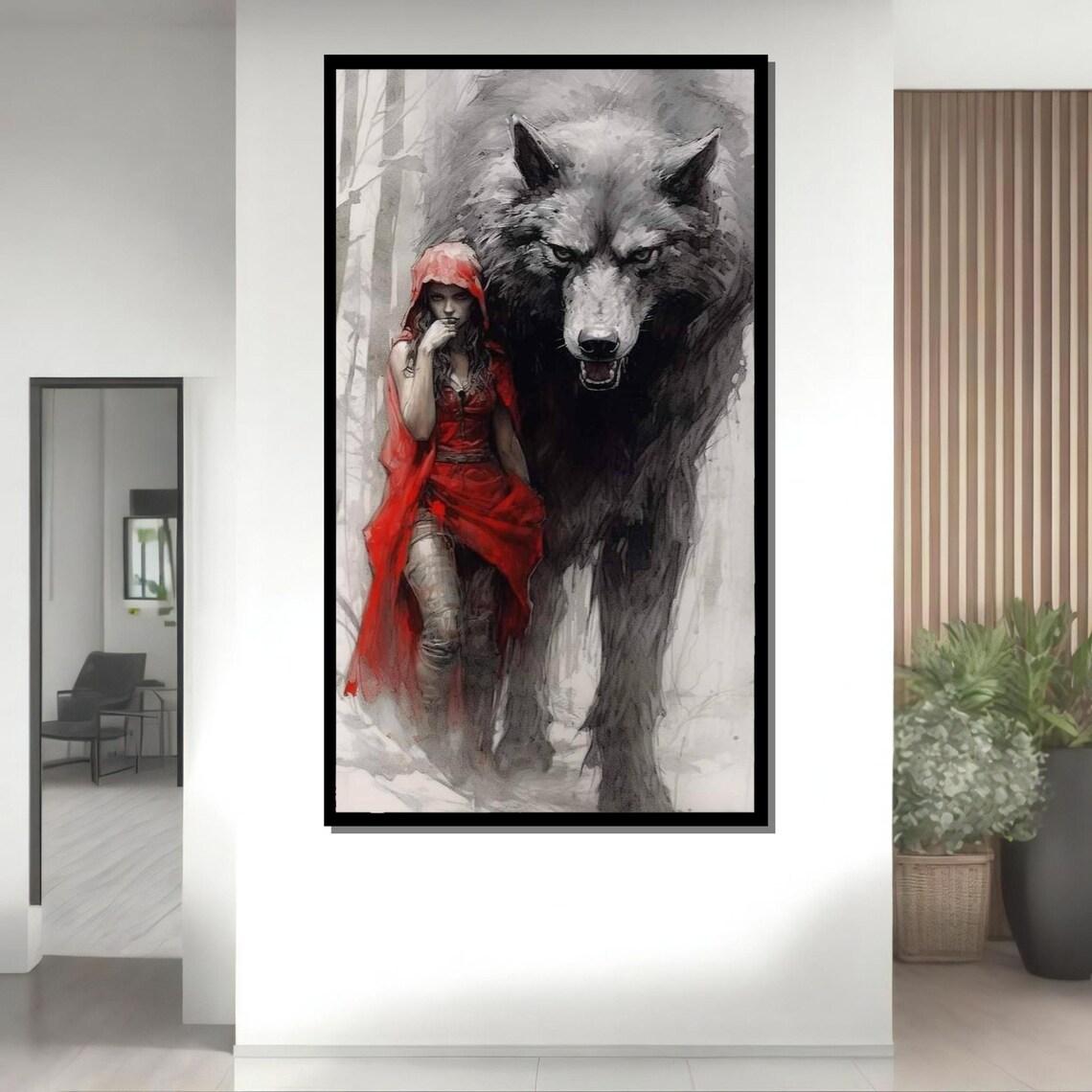 Red Riding Hood and Giant Wolf Snowy Forest Dark Fairytale Art Poster - Image 4