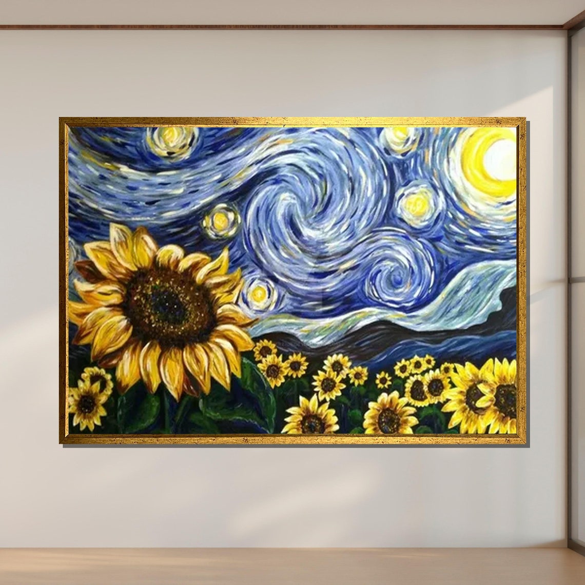 Starry Night Sunflowers Van Gogh Style Swirling Sky Floral Art Poster - Image 2