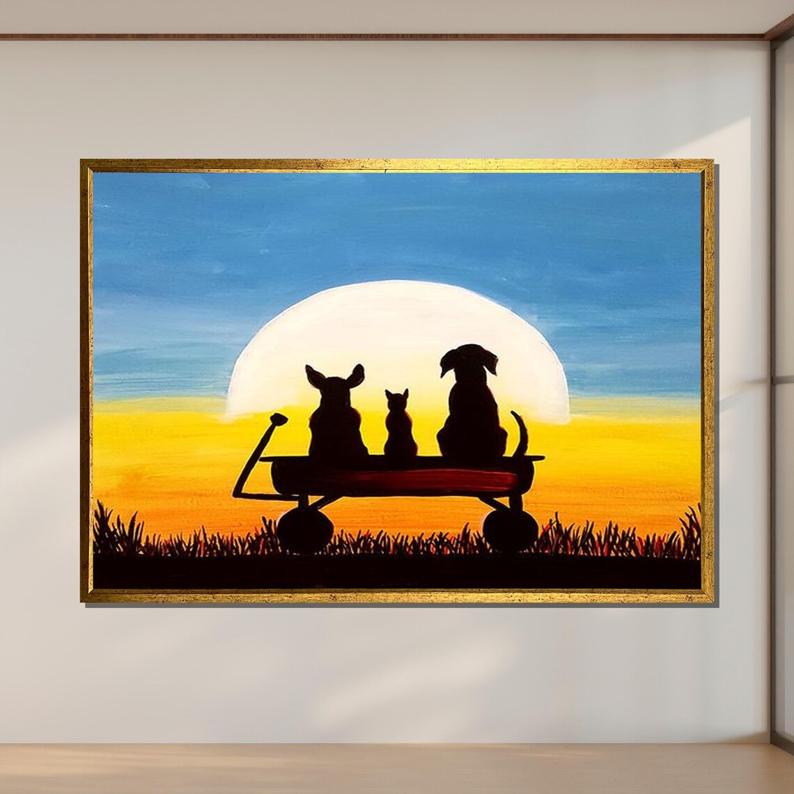 Sunset Companions Dogs And Cat Wagon Silhouette Pet Friendship Art Poster