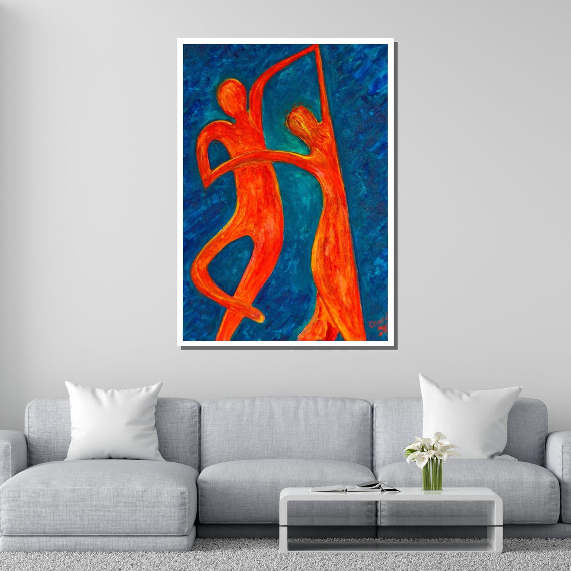 Fiery Dance Abstract Couple Art Modern Wall Decor Red Figures Painting Passionate Dance Ready To Hang - Image 2