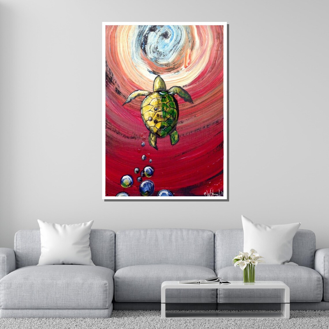 Sea Turtle Swimming Swirling Red Ocean Whirlpool Colorful Art Poster - Image 2
