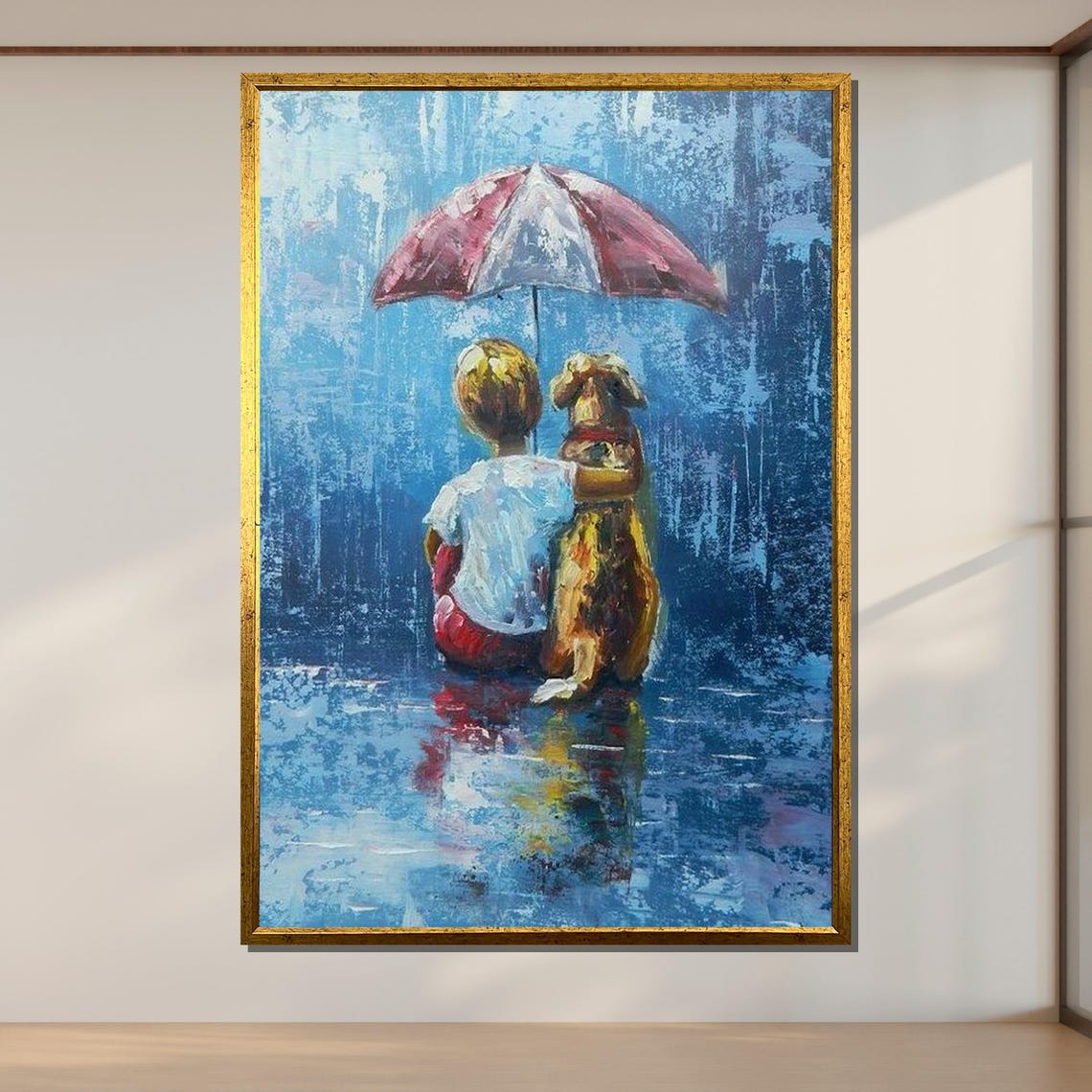 Boy And Dog In The Rain Umbrella Friendship Heartwarming Art Poster - Image 2