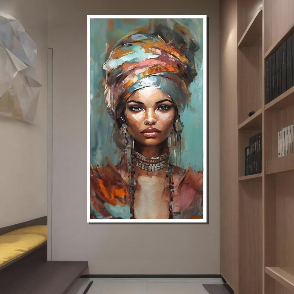 Regal African Woman Portrait Ethnic Beauty Colorful Headwrap Art Afrocentric Wall Decor Ready To Hang - Image 2