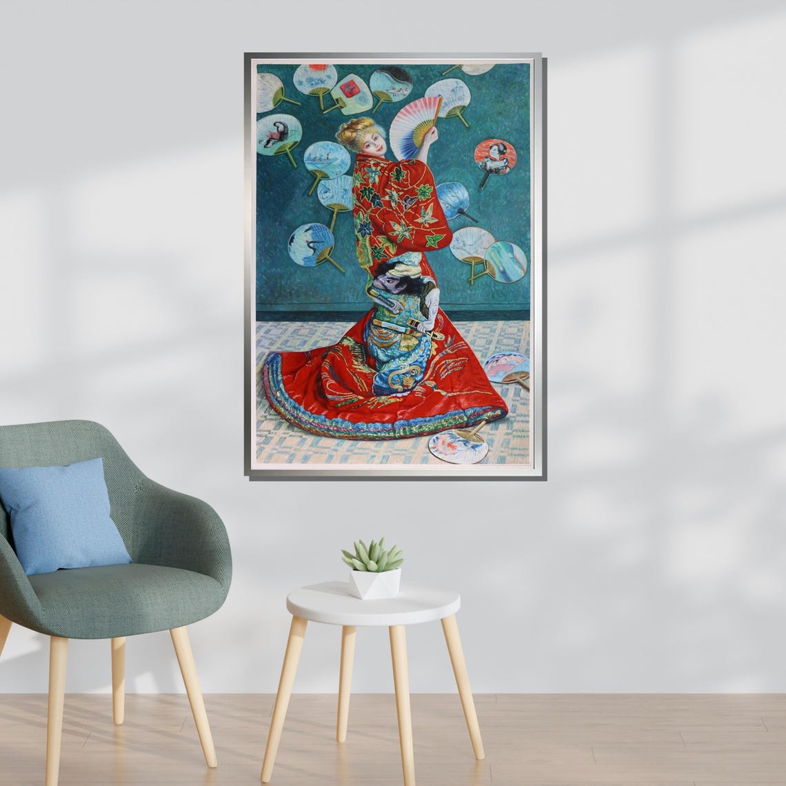 Claude Monet La Japonaise Woman In Red Kimono Fans Vintage Art Poster - Image 3