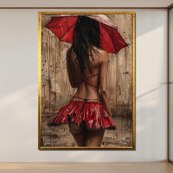 Woman With Red Umbrella Rainy Day Moody Street Scene Back View Art Poster
