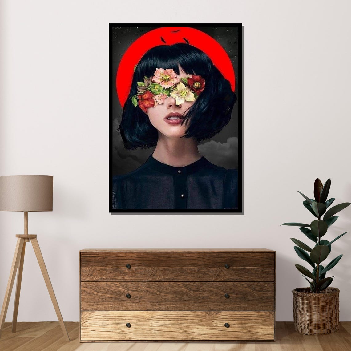 Surreal Floral Blindfold Woman Red Moon Dreamlike Dark Art Poster - Image 4