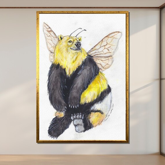 Bumble Bear Whimsical Fantasy Bear Bee Wings Watercolor Art Poster