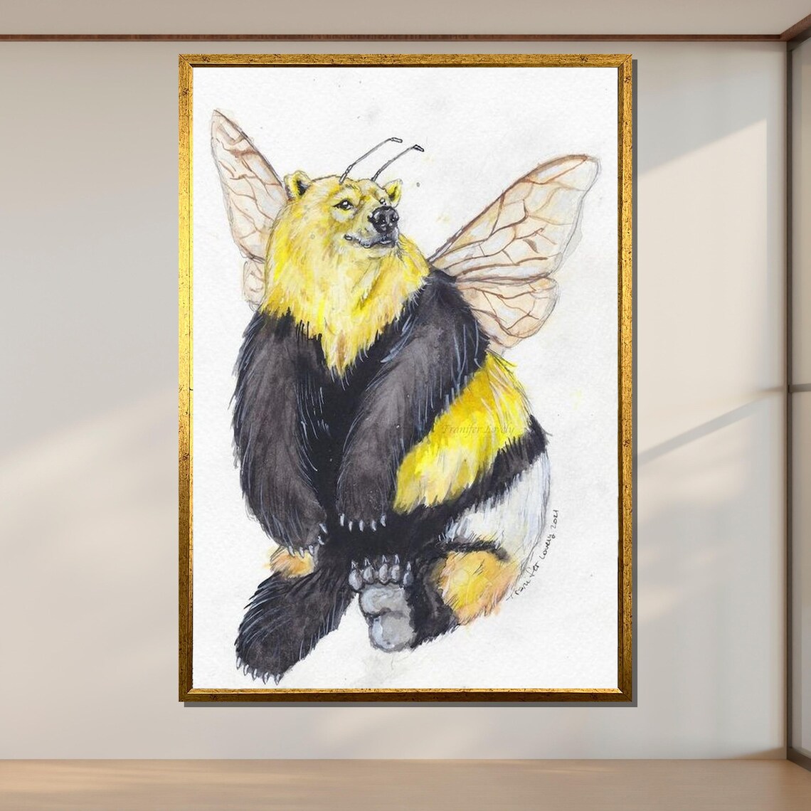Bumble Bear Whimsical Fantasy Bear Bee Wings Watercolor Art Poster