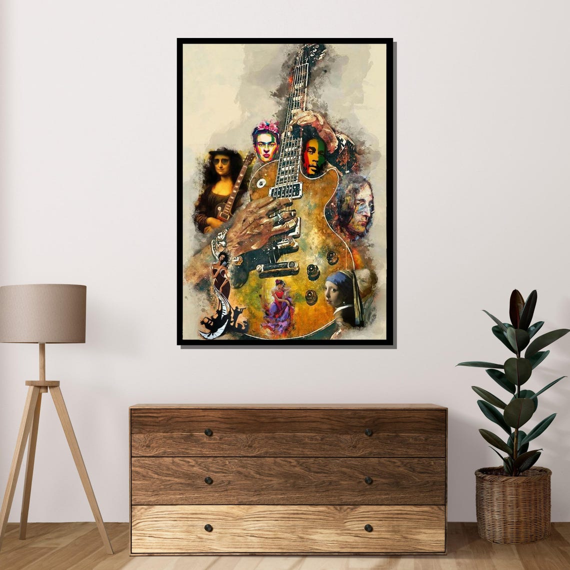 Famous Art Icons Electric Guitar Collage Mona Lisa Frida Kahlo Poster