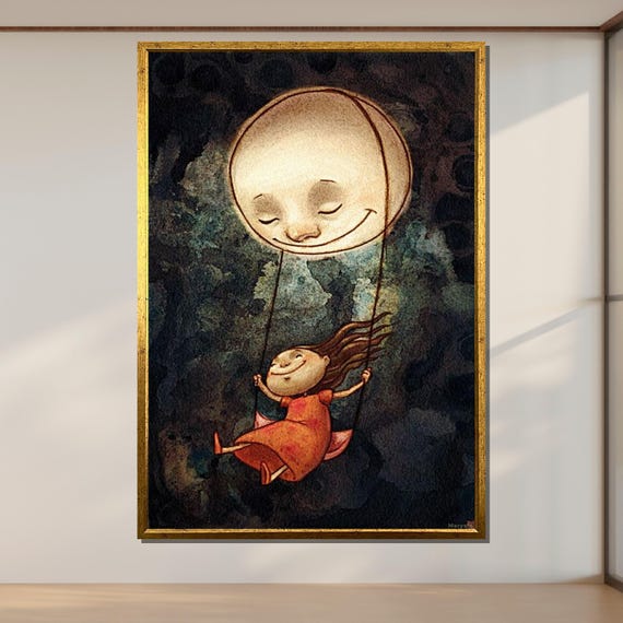 Whimsical Moon Swing Art Cute Girl Playful Fantasy Wall Print Dreamy Night Decor Ready To Hang Childrens Art