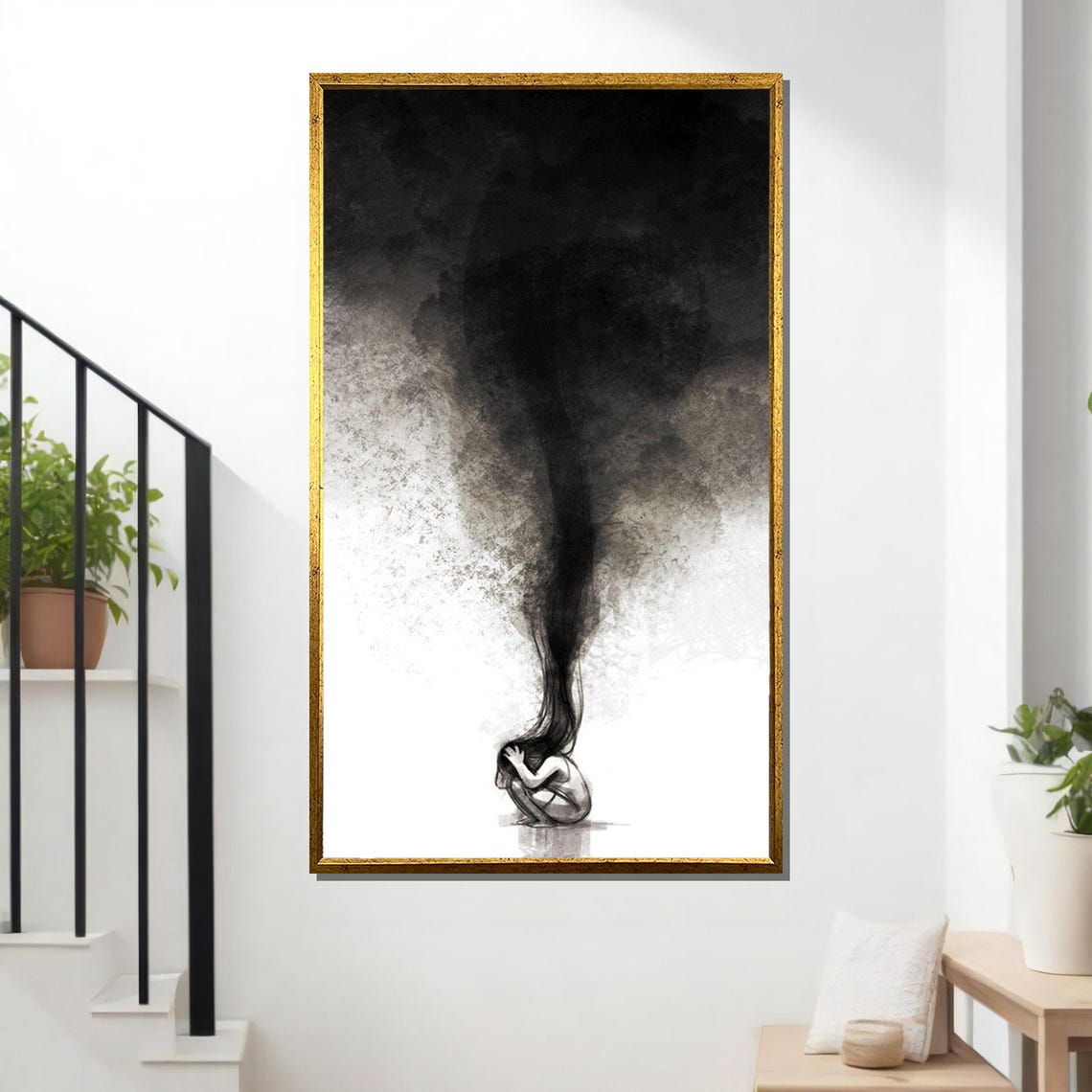 Inner Storm Grayscale Woman Crouched Under Dark Cloud Ink Wash Poster