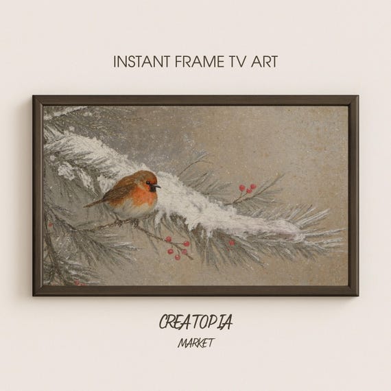 Samsung Frame Tv Art Winter Bird On A Snowy Pine Christmas Oil Painting