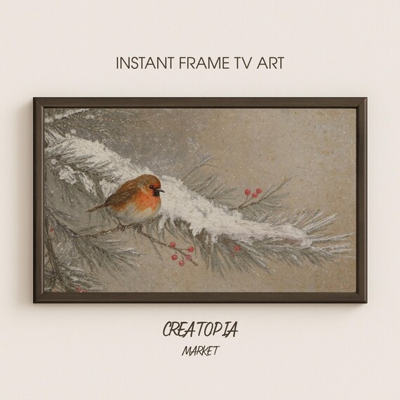 Winter Robin on Snowy Pine Branch Charming Oil Painting Poster