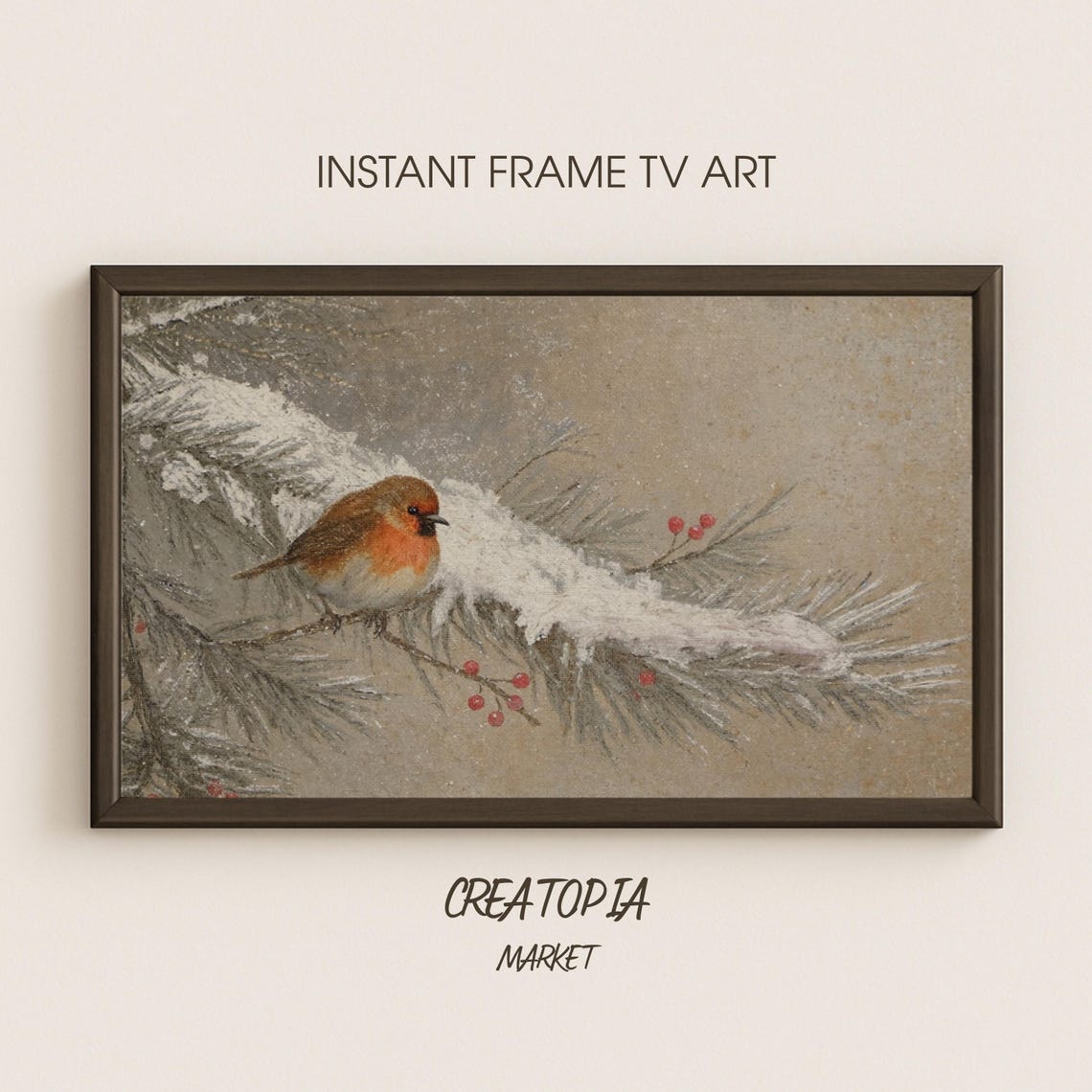 Samsung Frame Tv Art Winter Bird On A Snowy Pine Christmas Oil Painting