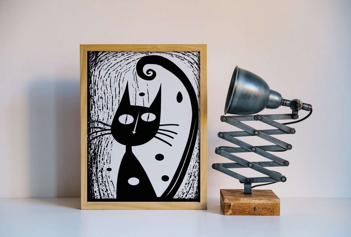 Black Cat Curly Tail Whimsical Bold Line Modern Animal Art Poster - Image 3